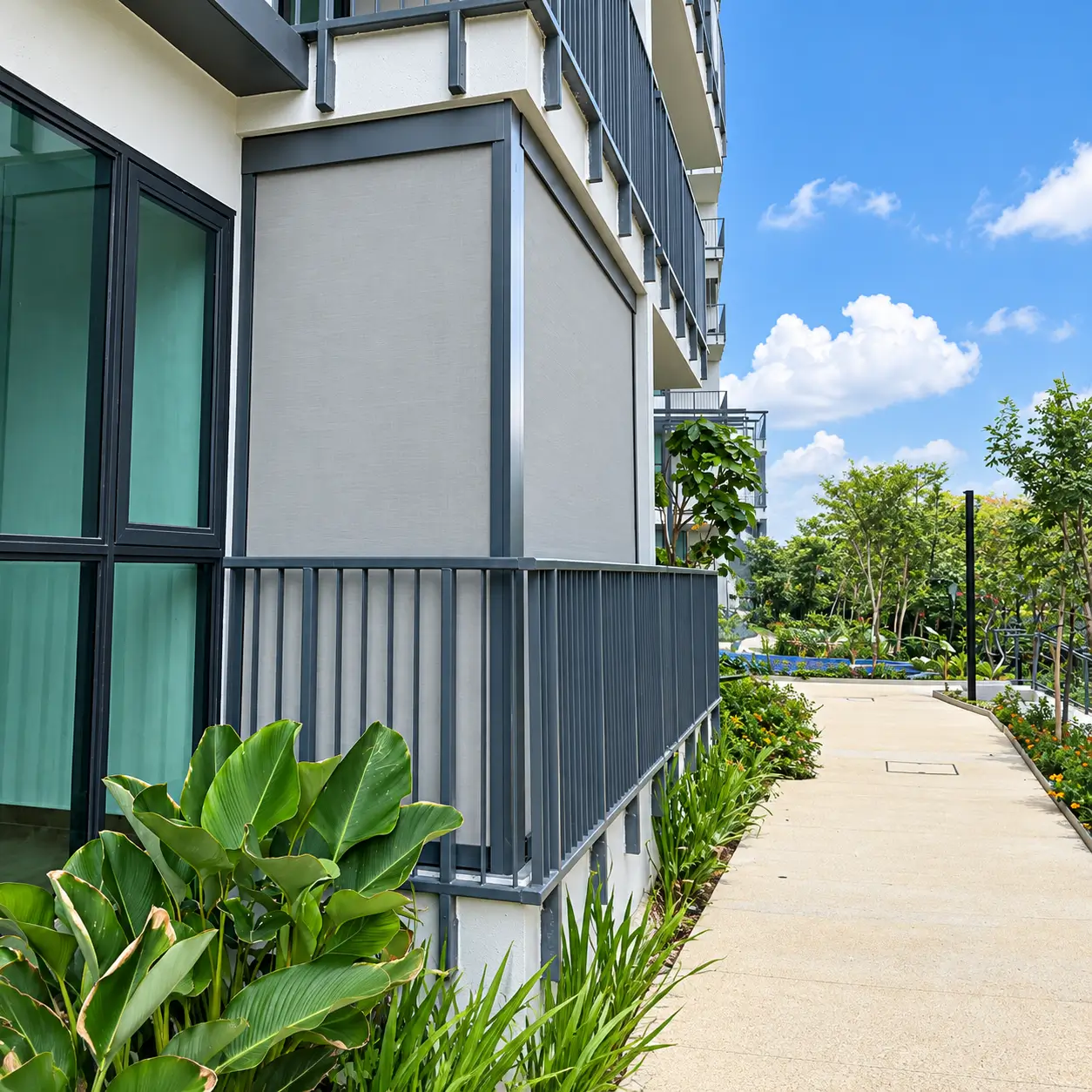 Zip blinds on an apartment balcony